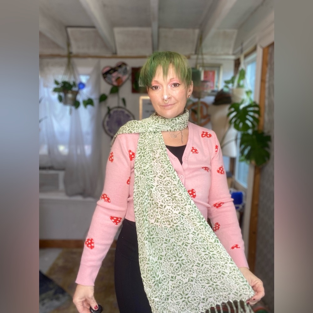 Cream & Green Fringe Lightweight Floral Shawl Scarf Wrap Head scarf Cotton